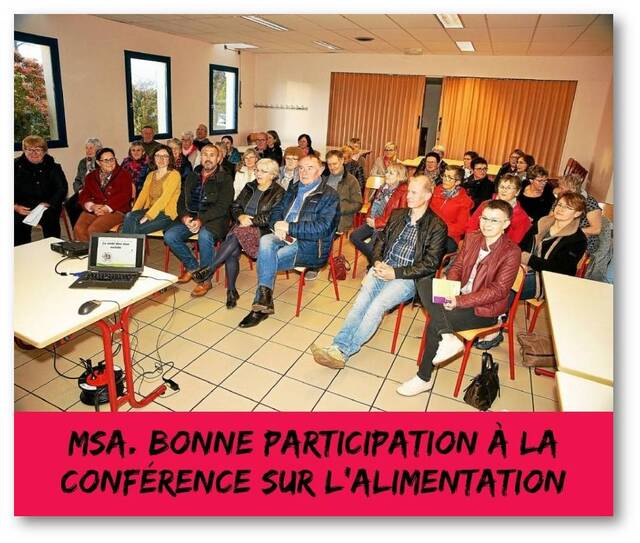 conférence auprès d'un large public sur l'alimentation à Cleden-Poher dans le Finsitère